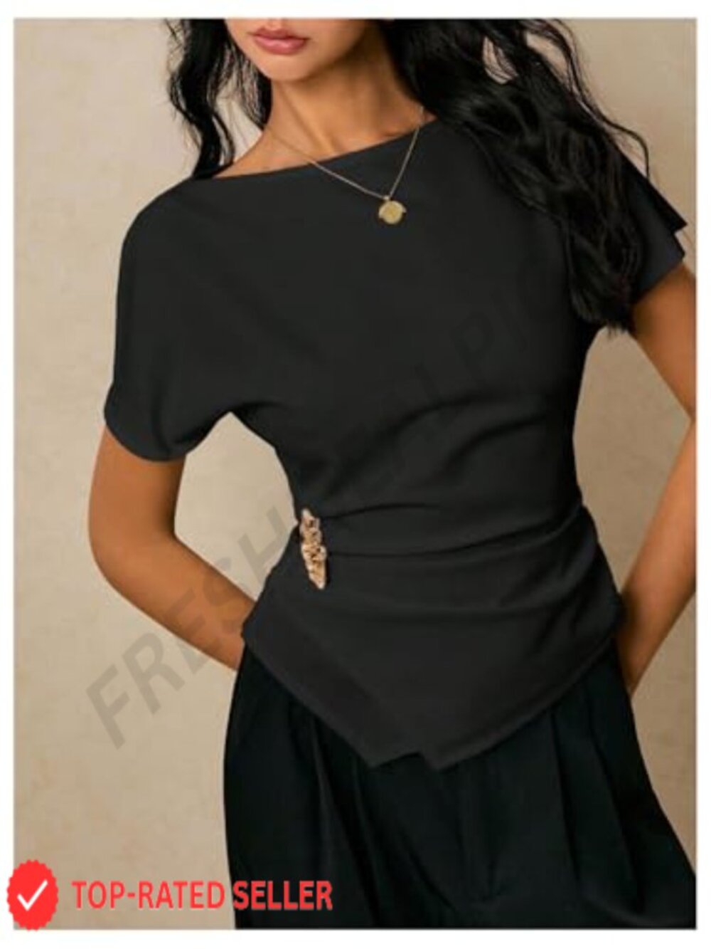 Asymmetrical Dressy Blouse Cinched Waist Elegant Business Casual Top - Picture 3 of 4